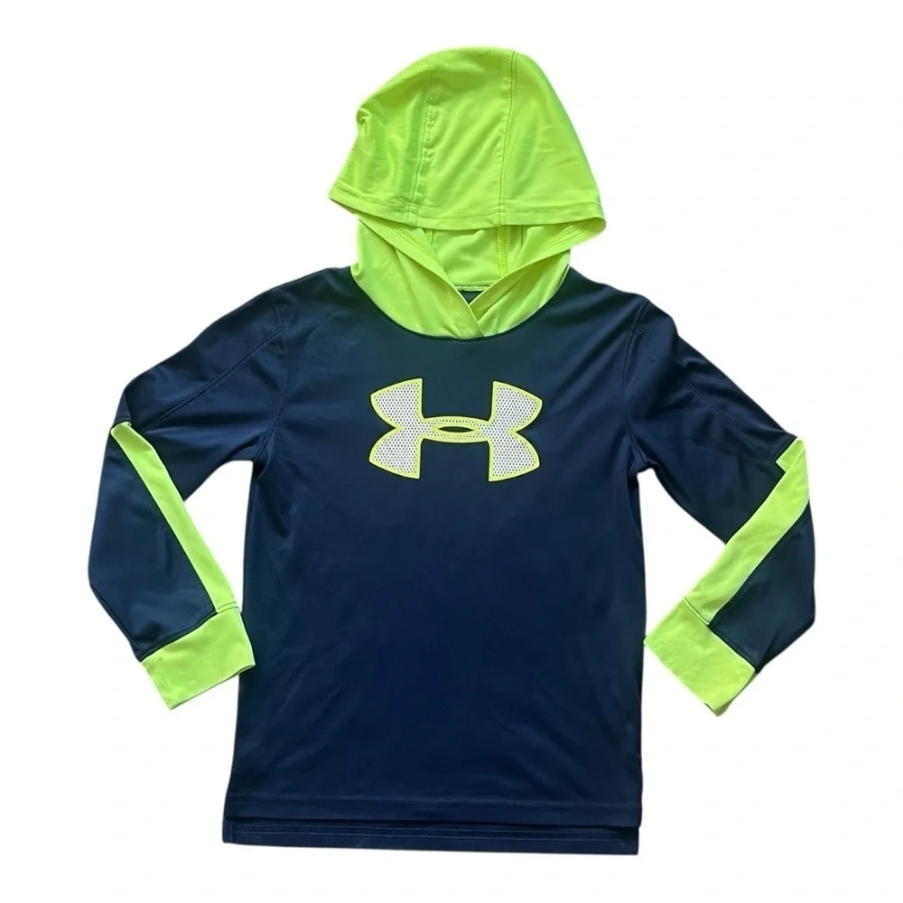 Under Armour play Dark Blue and Neon Yellow Green Hoodie Boys 6 long sleeve logo